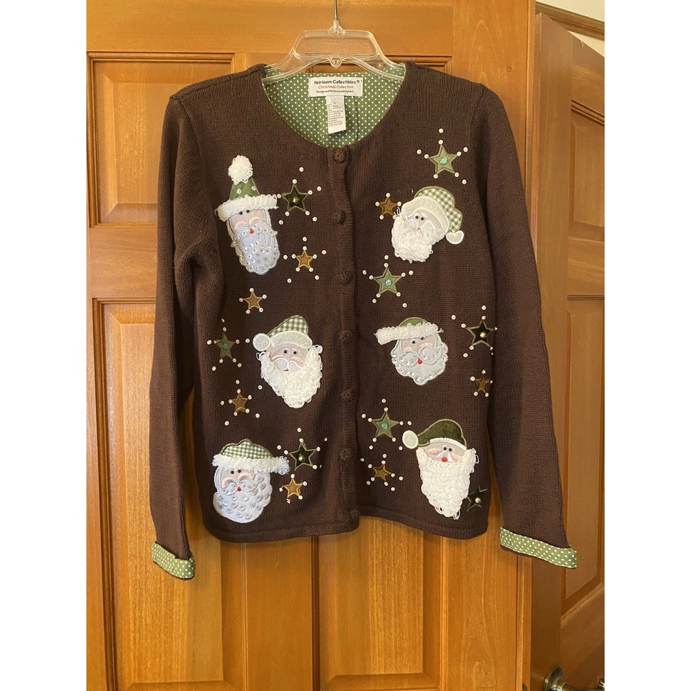 Vtg Heirloom Collectibles Christmas Cardigan Sweater Women Large Santa Brown